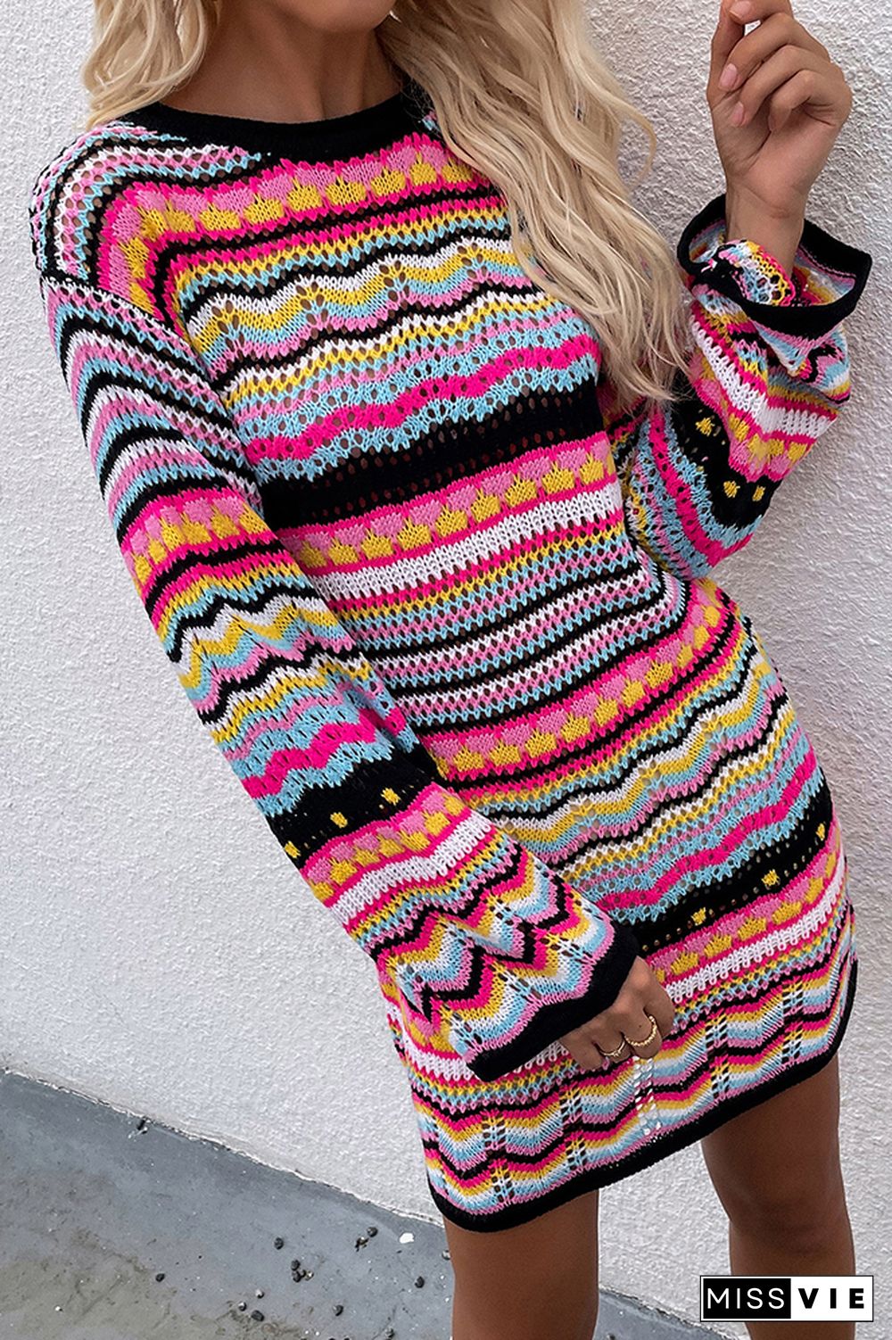 Rainbow Stripe Long Sleeve Knitted Dress Women Wholesale