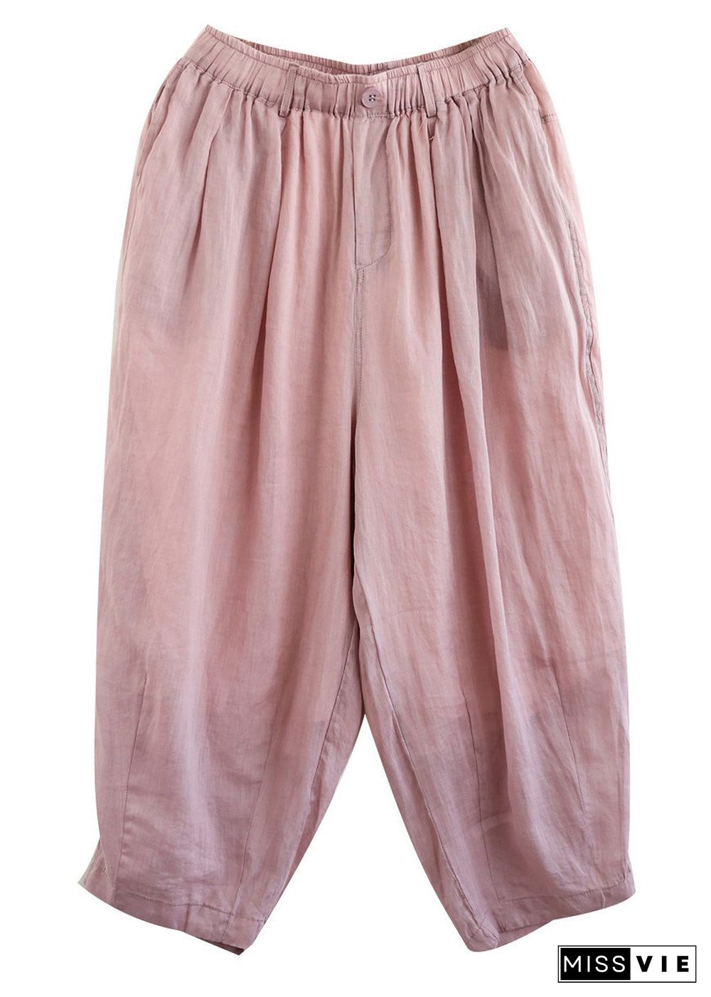 Art Pink Elastic Waist Ramie Crop Pants Summer