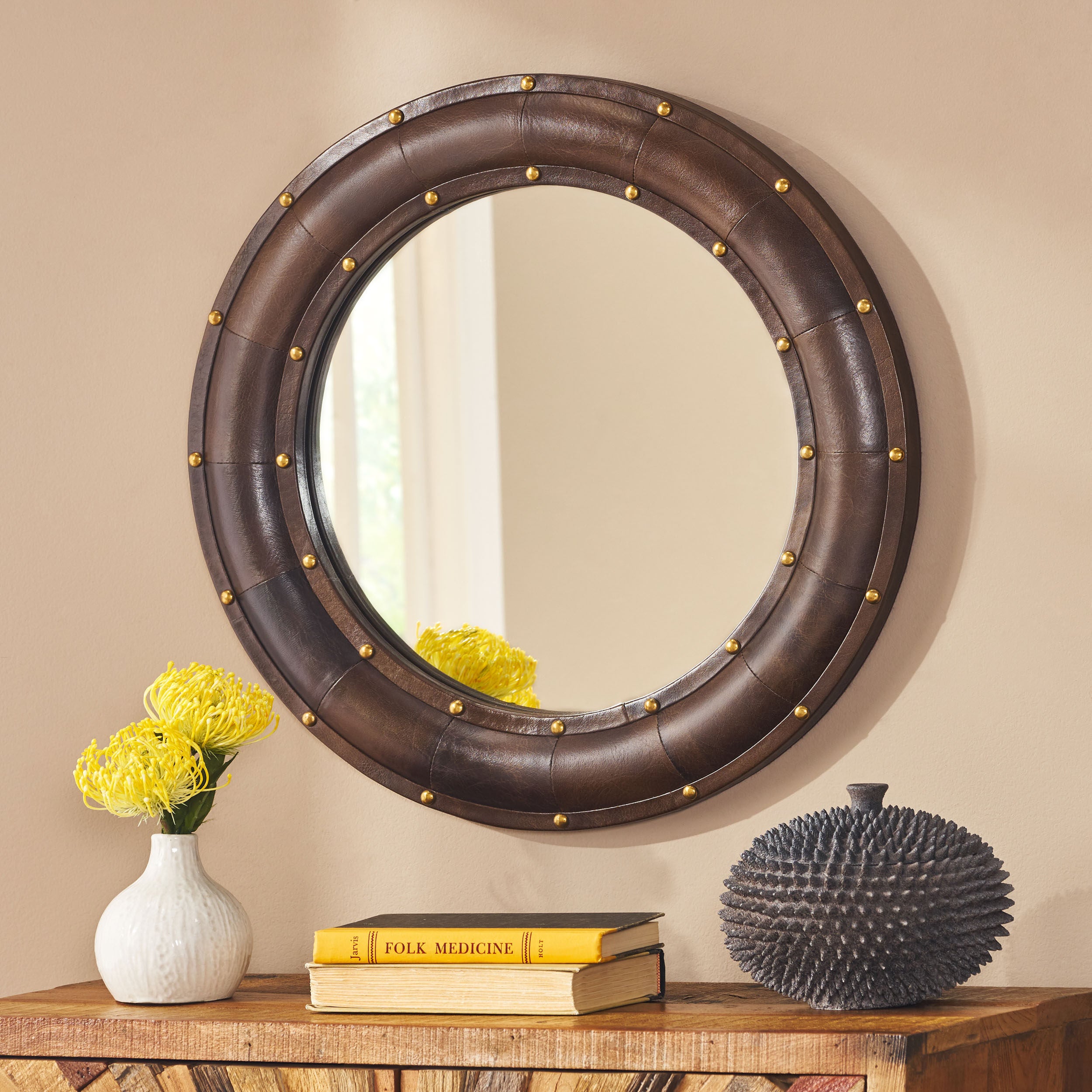 Nahunta Handcrafted Boho Studded Leather Round Wall Mirror