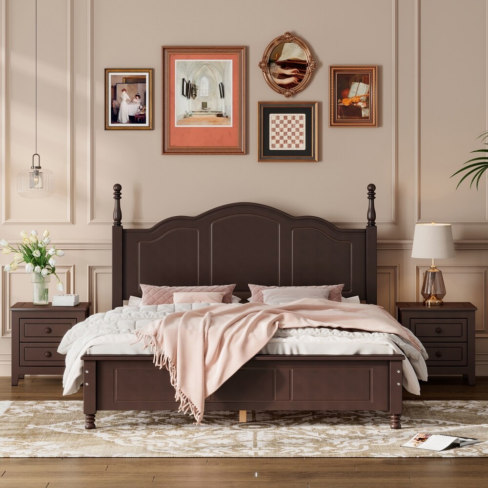 3 Pieces Retro Style Bedroom Sets  Queen Size Wood Platform Bed and Two Wood Finished Nightstands  Walnut