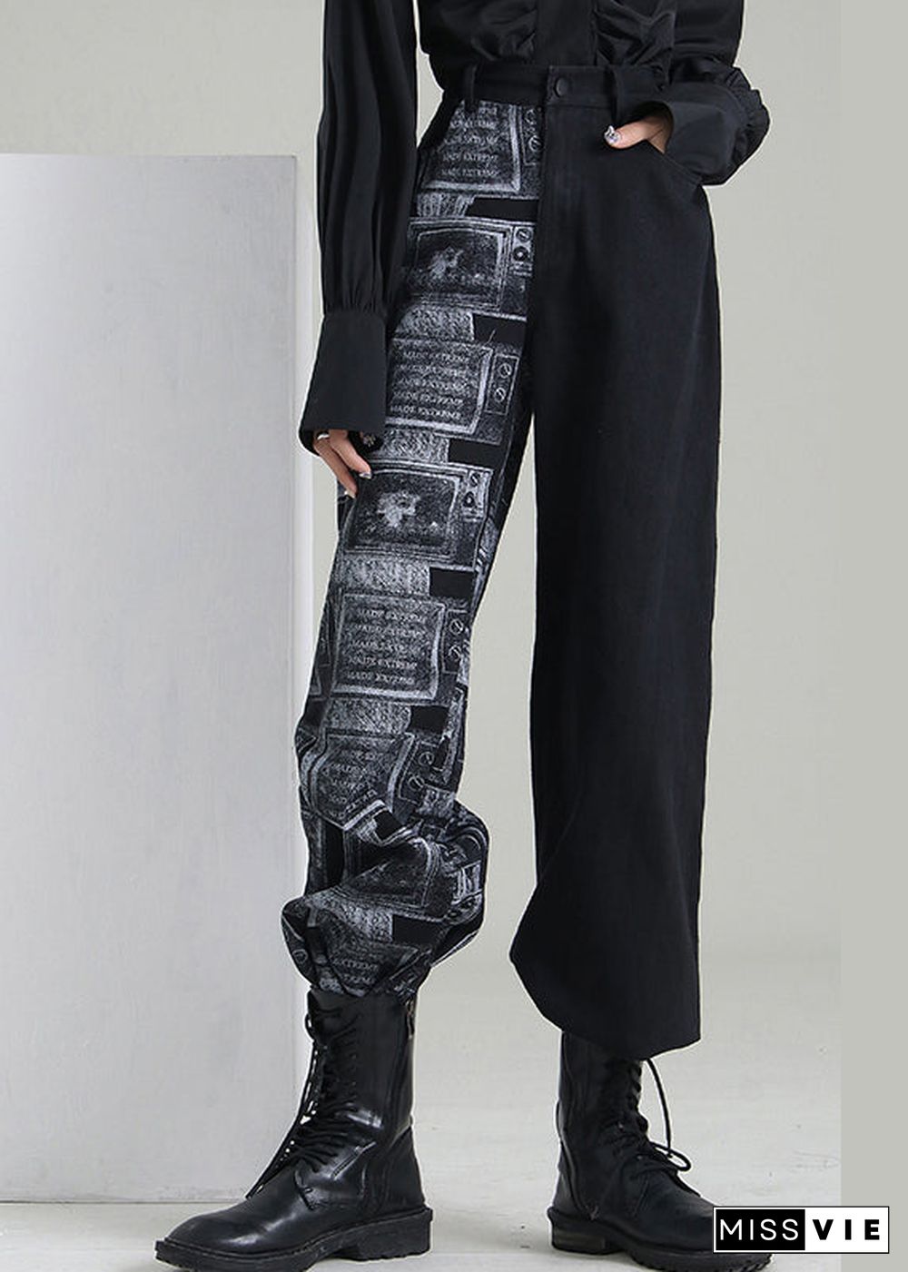 Art Black Zip Up Patchwork denim Pants Spring