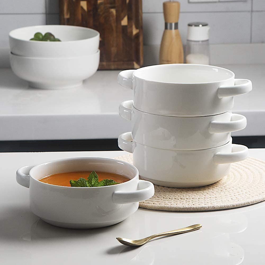 SWEEJAR Ceramic Soup Bowls，with Double Handles，20 Ounce，Set of 4(White)