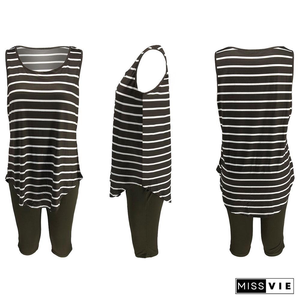 Fashion Stripe Round Neck Vest Five-minute Pants Two-piece Set