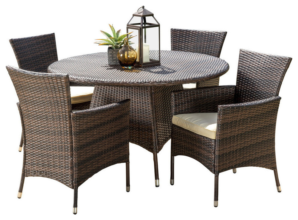 GDF Studio 5 Piece Clementine Outdoor Multibrown Wicker Round Dining Set   Tropical   Outdoor Dining Sets   by GDFStudio  Houzz