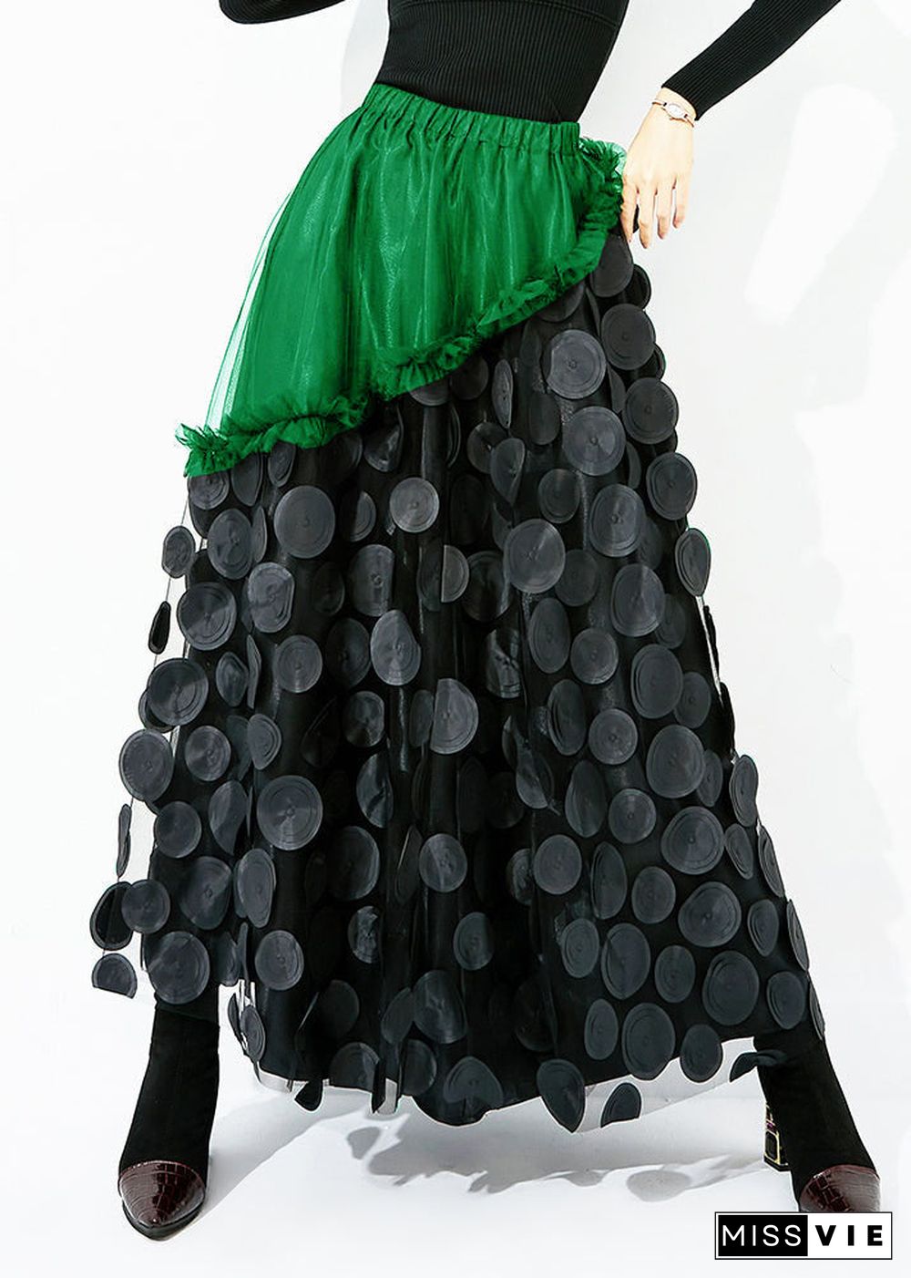 Original Design Black Elastic Waist Patchwork Wrinkled Tulle Skirt Summer