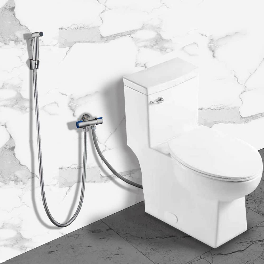 INSTER 1piece 127 GPF Side Lever Handle Single Flush Elongated Toilet in White Include Seat and Lid and Bidet Sprayer