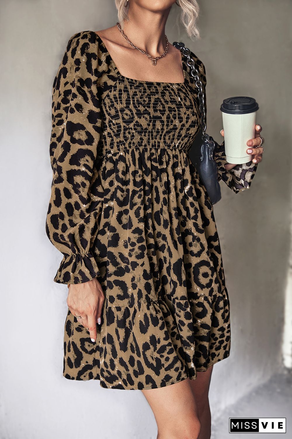 Smocked Square Neck Leopard Print Mini Dress