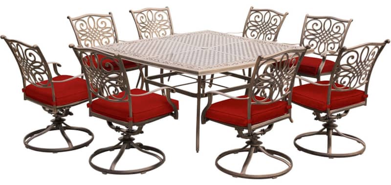 Hanover Traditions 9-Piece Outdoor Dining Set In Red/Cast With 8 Swivel Rockers， 60 Square Cast Table