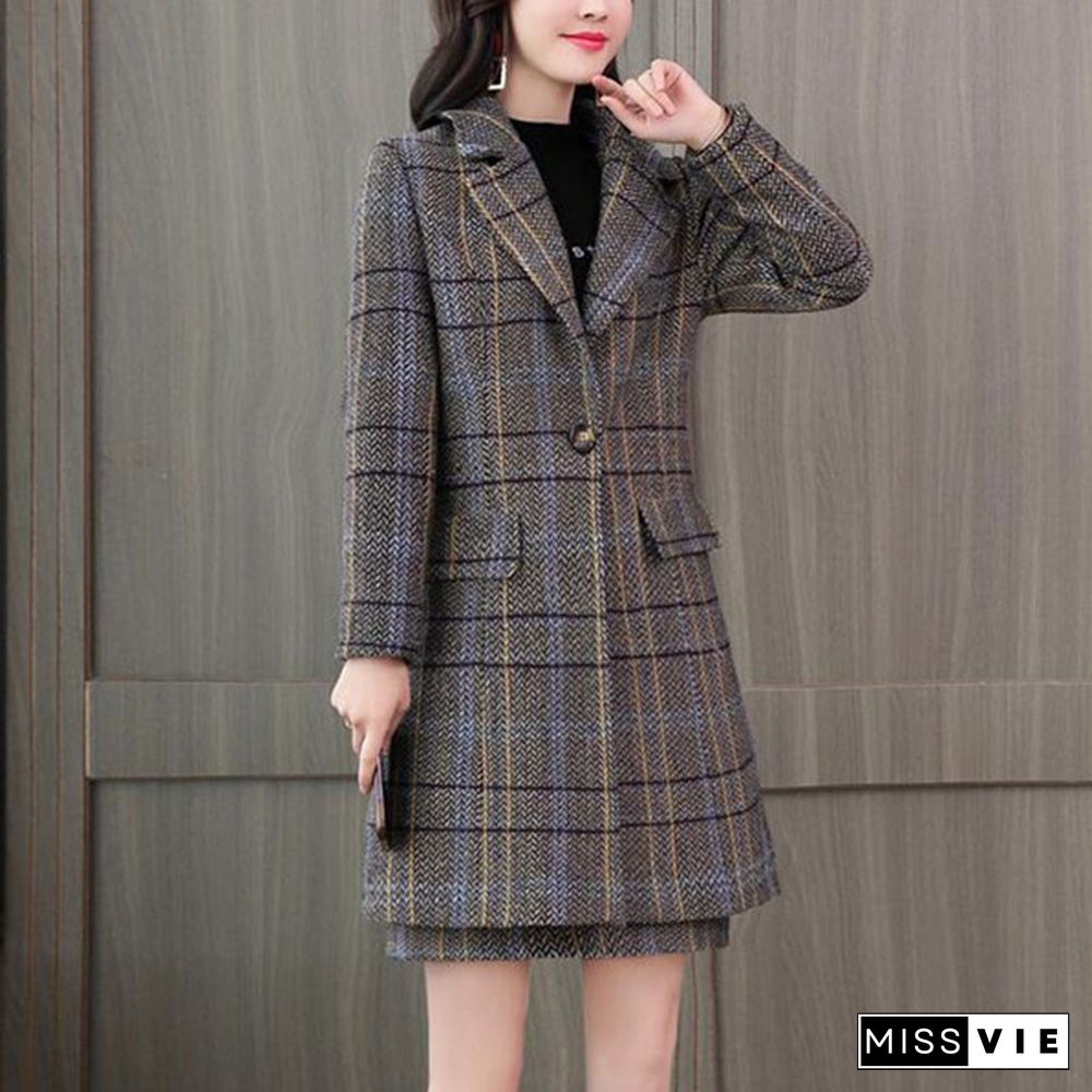 S-Xxl Women's Office Suits Elegant Plaid Trench Coat And Skirt 2 Piece Set Work Outfit Long Jacket With Skirt Autumn Winter Suits