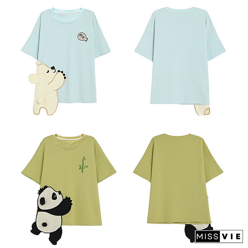 Cartoon Panda Bear Embroidery Matching Best Friends T-Shirt