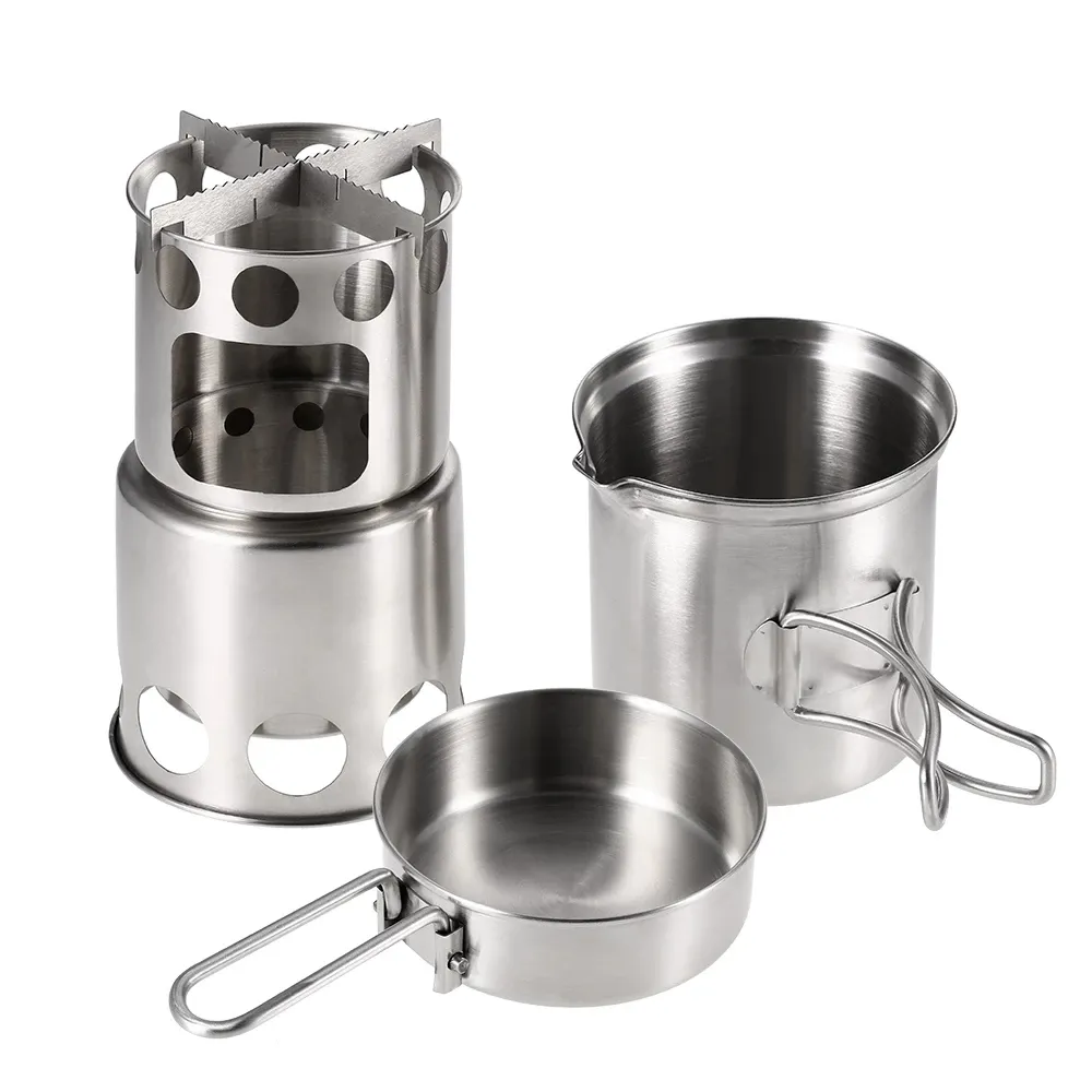 Amazon portable Combo Wood Burning camping Stove and Cooking Pot Set for Outdoor picnic Fishing Hiking