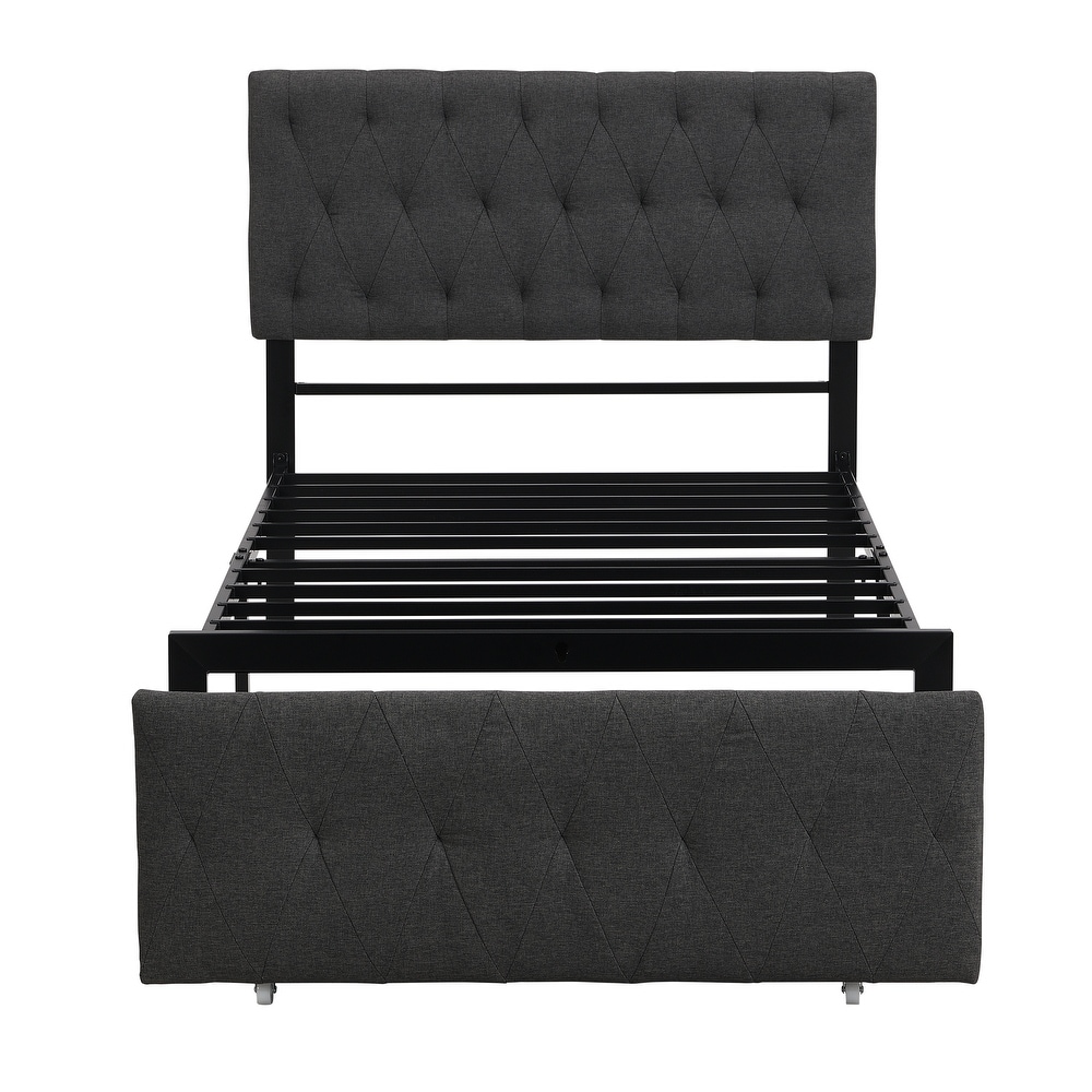 Metal Storage Platform Bed with Big Drawer   Linen Upholstered Headboard