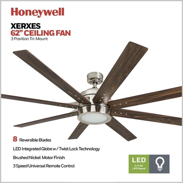 Honeywell Xerxes Brushed Nickel LED Remote Control Ceiling Fan， 8 Blade， Integrated Light - 62-inch Shopping - The Best Deals on Ceiling Fans | 31036785