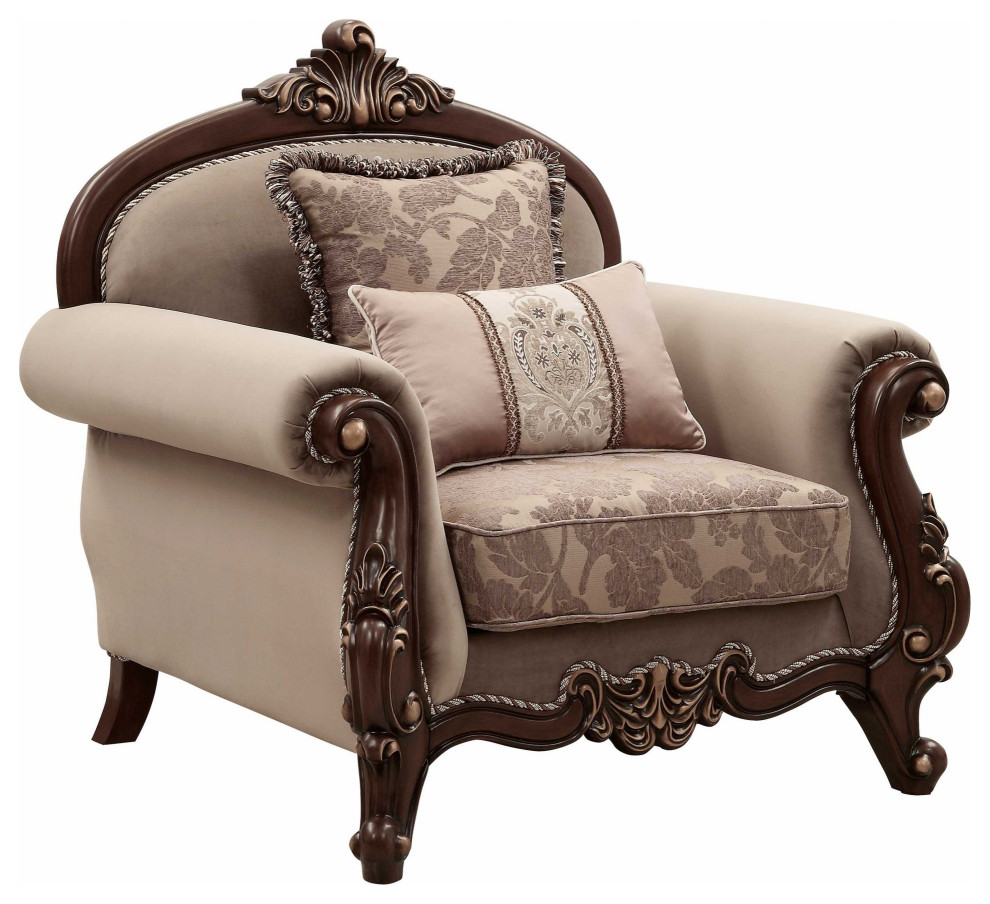 38 quotBeige And Brown Velvet Floral Club Chair   Victorian   Armchairs And Accent Chairs   by HomeRoots  Houzz