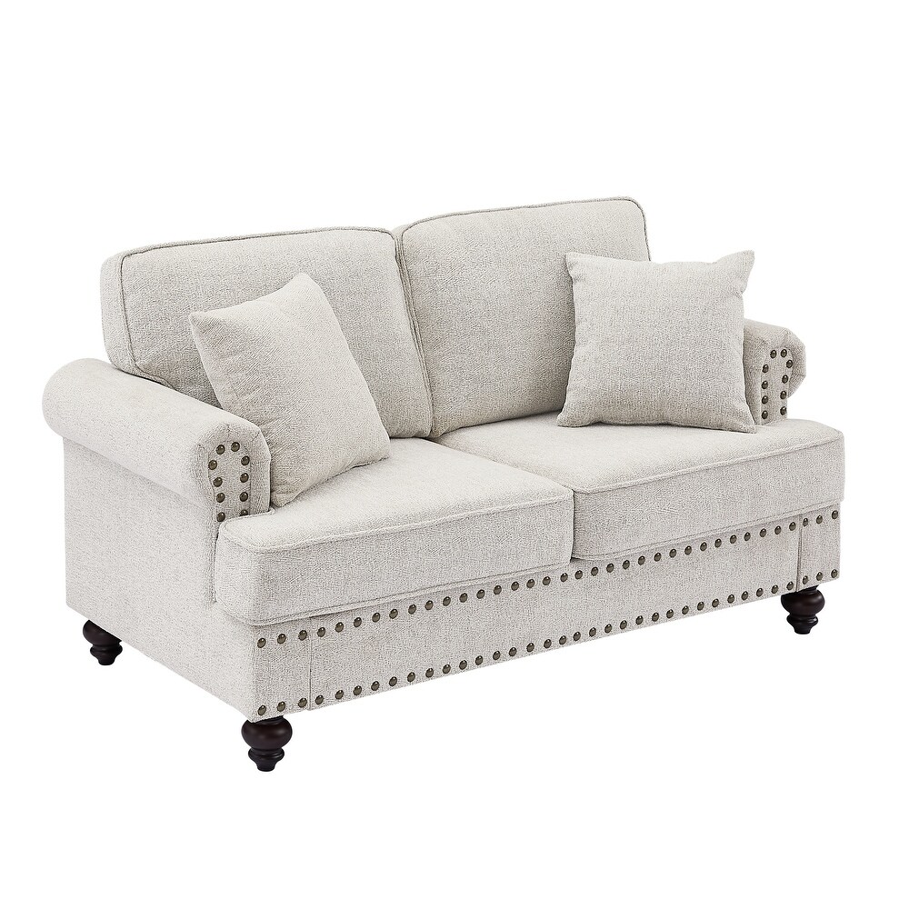 Chenille Fabric Loveseat Sleeper White Lounge Recliner Loveseat Couch Deep Seat Sofa Couch with Rolled Arms and Pillows