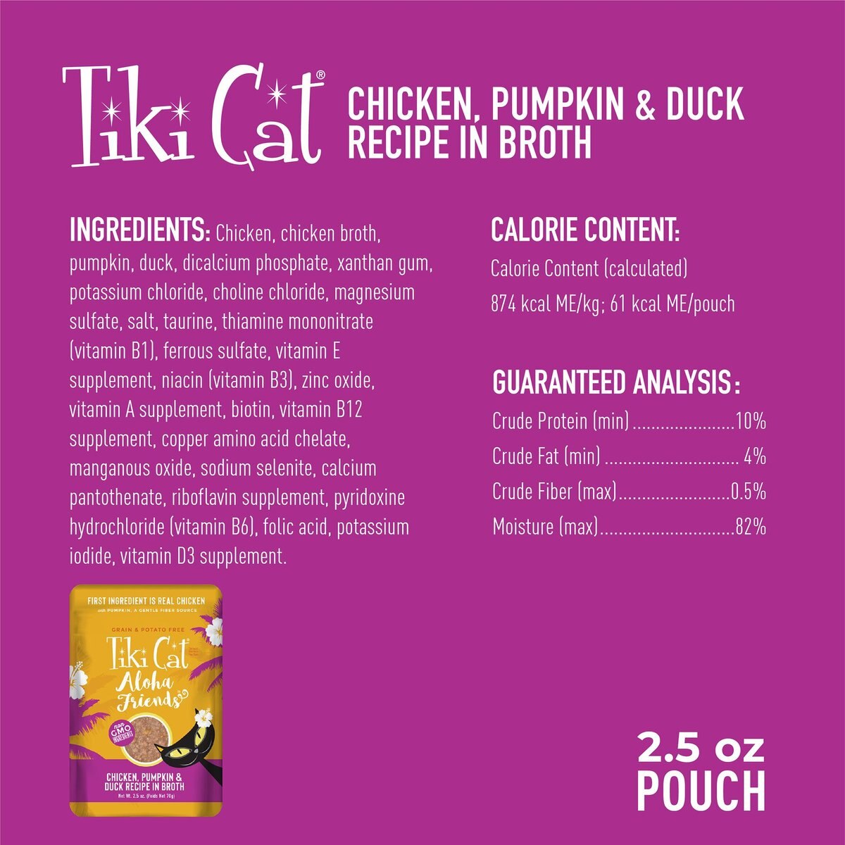 Tiki Cat Aloha Friends Chicken， Pumpkin and Duck Recipe in Broth Grain-Free Wet Cat Food， 2.5-oz， case of 12