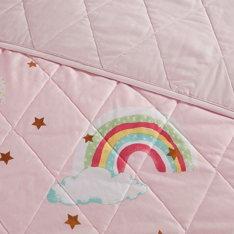 Mi Zone Kids Mia Rainbow and Metallic Stars Reversible Quilt Set with Throw Pillow