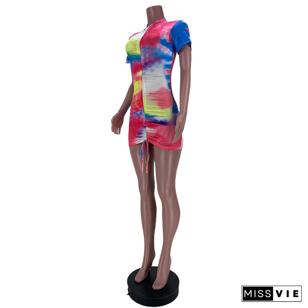 Tie Dye Print Short Sleeve Drawstring Bodycon Dress