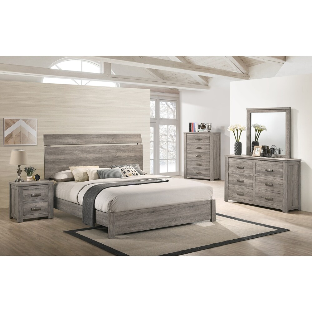 Roundhill Furniture Floren Contemporary Weathered Gray Wood Bedroom Set  Panel Bed  Dresser  Mirror  Nightstand  Chest