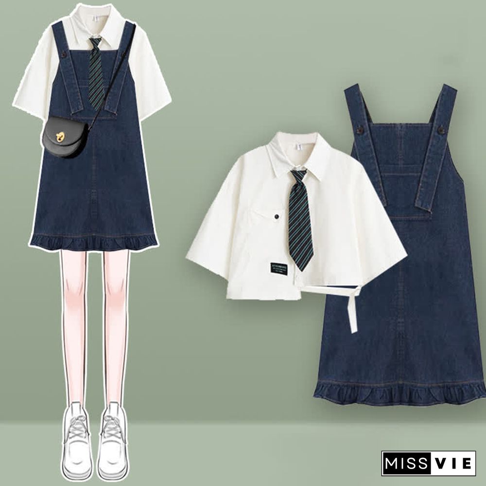 Pocket Lapel Tie T-Shirt Denim Overall Dress Two Pieces Set