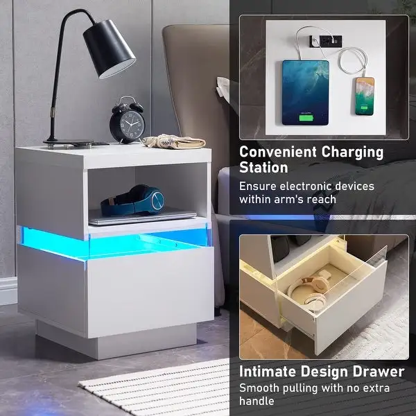 LED Nightstand with Charging Station for Bedroom Modern Side Table with Open Display Shelf and Storage Sliding Drawer