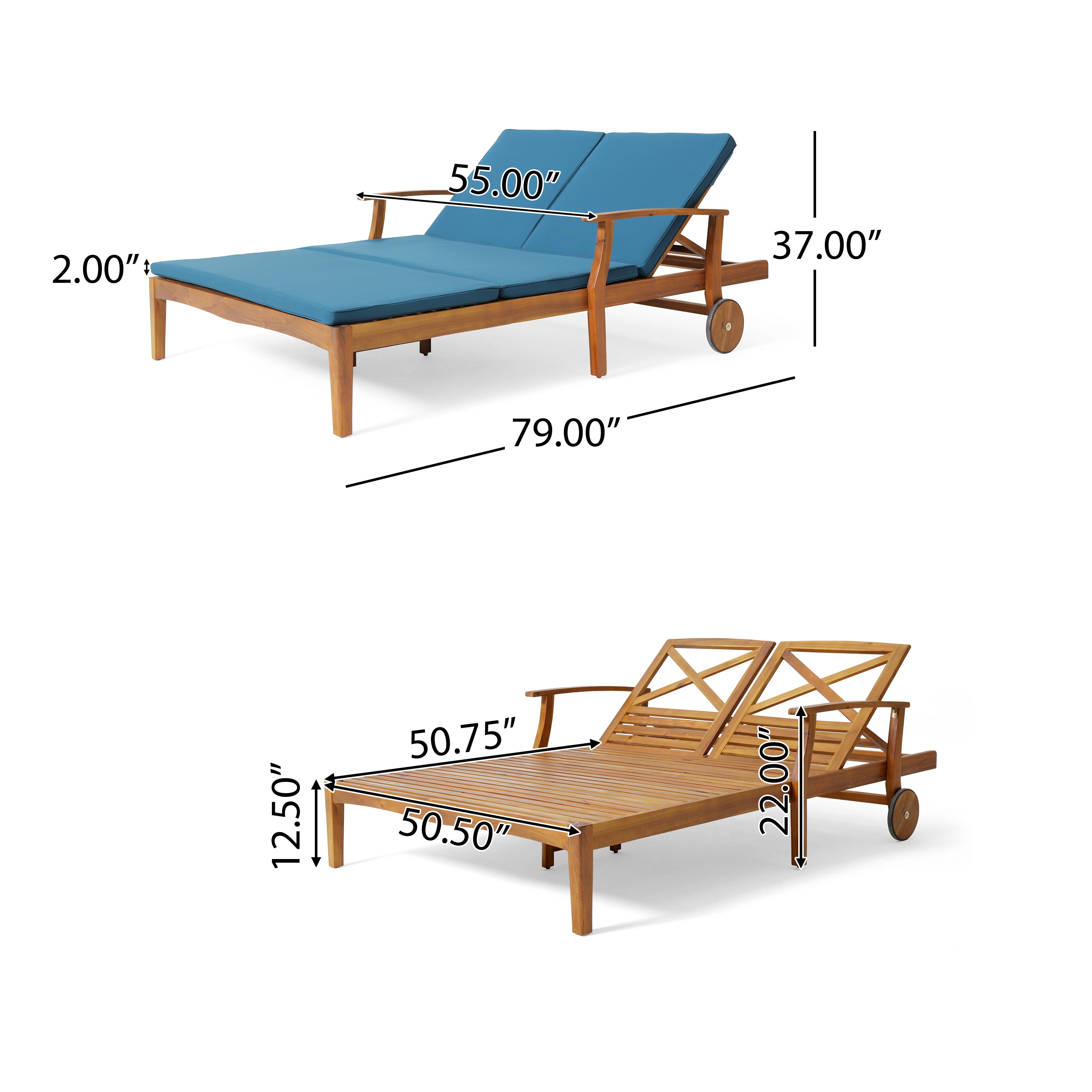 Samantha Double Chaise Lounge for Yard and Patio, Acacia Wood Frame