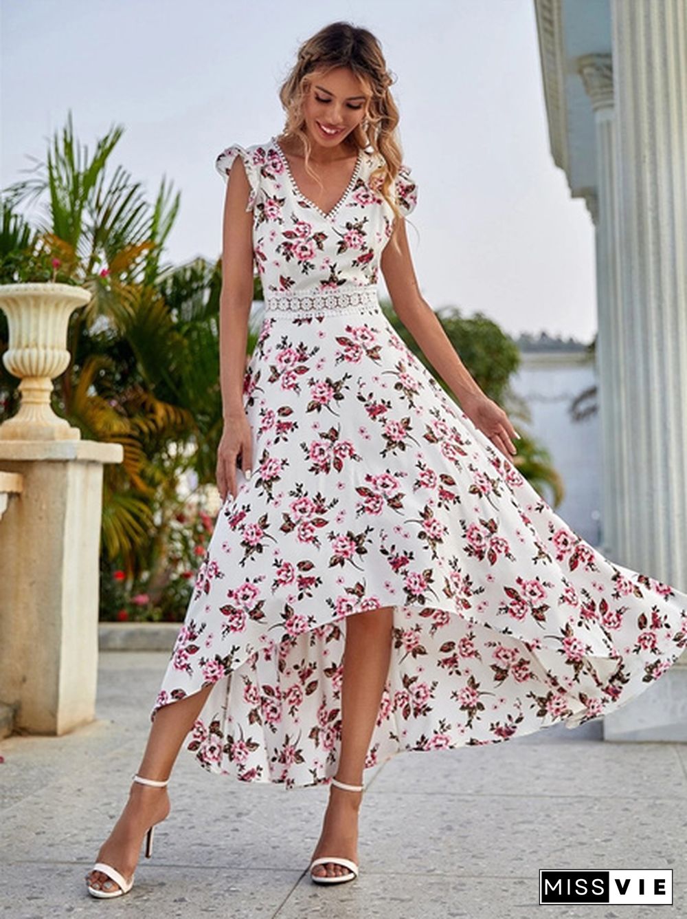 Summer Dresses Women Fashion V-neck Sleeveless Lace Patchwork Floral Print Holiday Long Dress Casual Vestido Party Dress