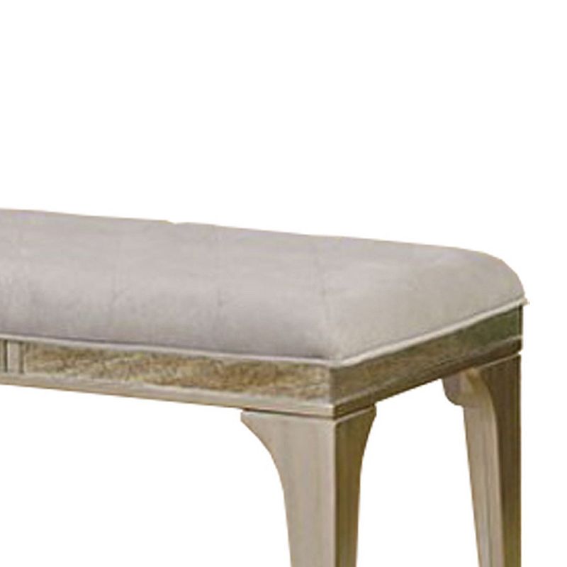 51 Inch Wood Bench， Cushioned Seat， Tapered Legs Support， Gray， Champagne Silver