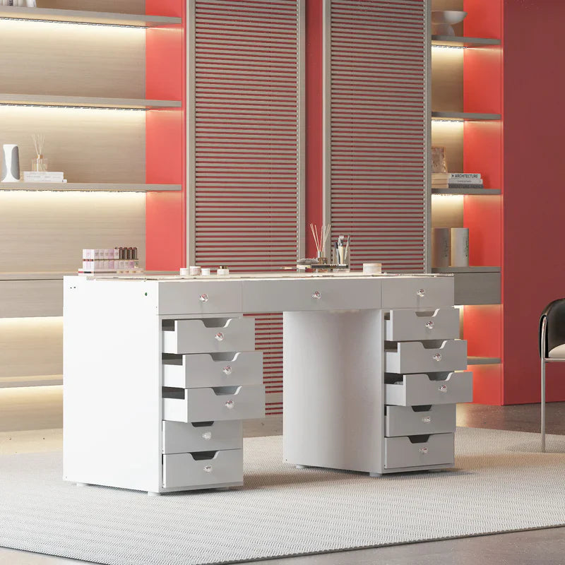 Eva Vanity Desk - 13 Storage Drawers with Full Light   VNT-EVA-C01-WHT