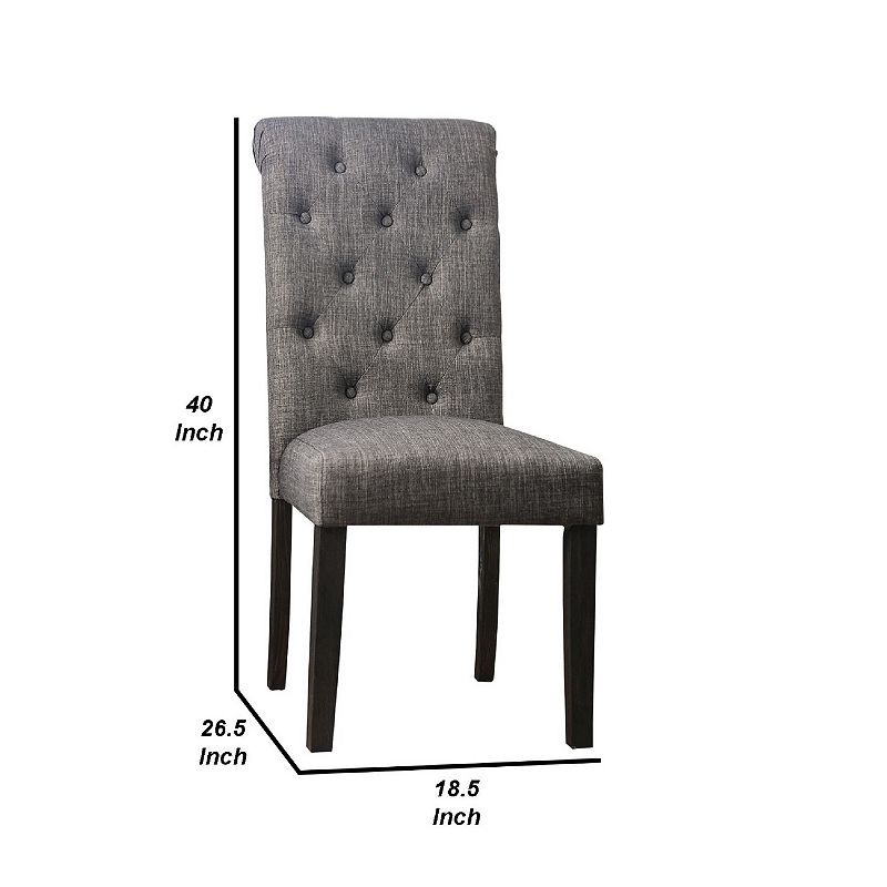 27 Inch Fabric Dining Chair， Button Tufted Rolled Back， Wood， Gray