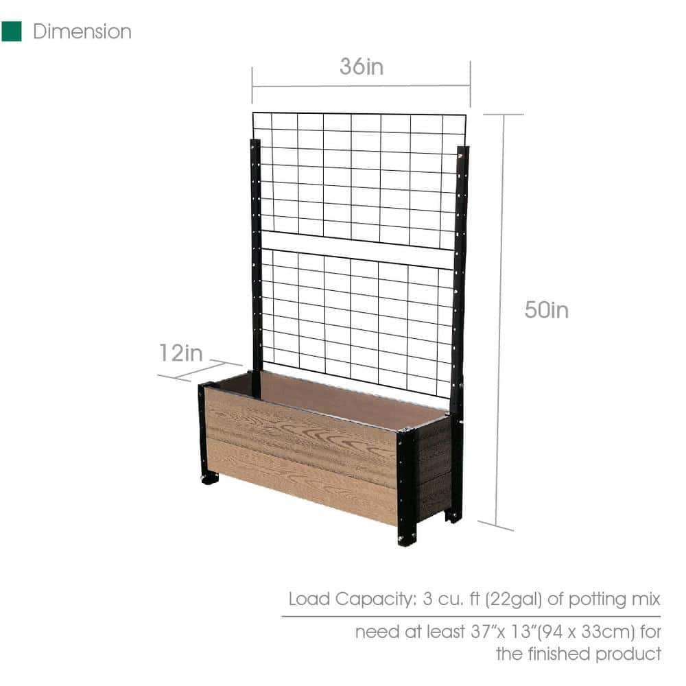 EverBloom 12 in. D x 47 in. H x 36 in. W Brown and Black Composite Board and Steel Trough Planter Box Raised Garden Bed w/Trellis K2105