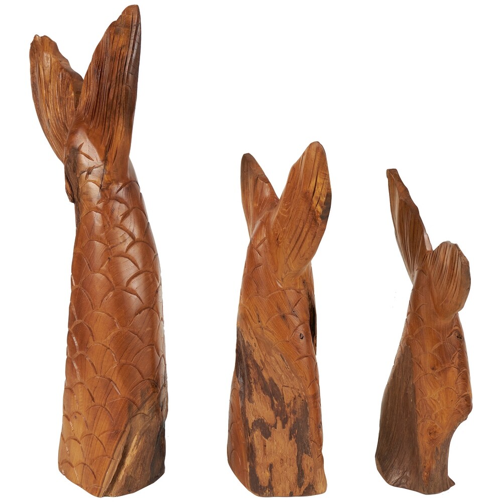 Brown Teak Wood Handmade Tail Live Edge Whale Sculpture with Intricate Carvings (Set of 3)