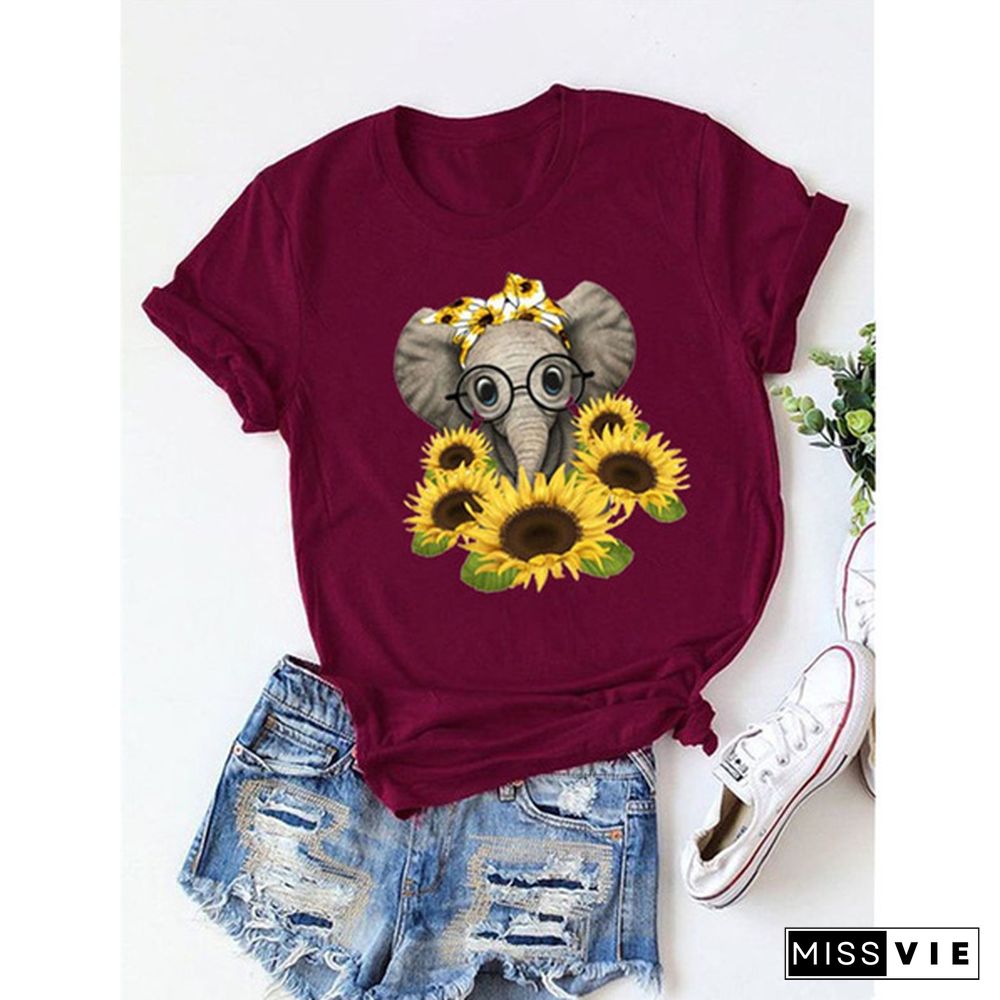 New Sunflower Elephant Print Short-sleeved Ladies T-shirt, Ladies Fashion Casual T-shirt.