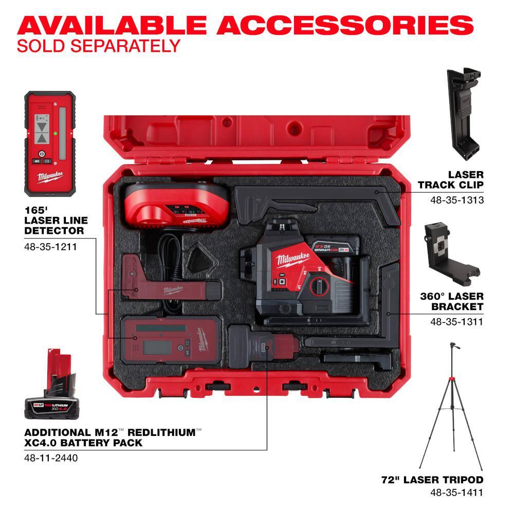 MW M12 Green 250 ft. 3-Plane Laser Level Kit with One 4.0 Ah Battery with 12 ft. Telescoping Laser Level Pole 3632-21-48-35-1511