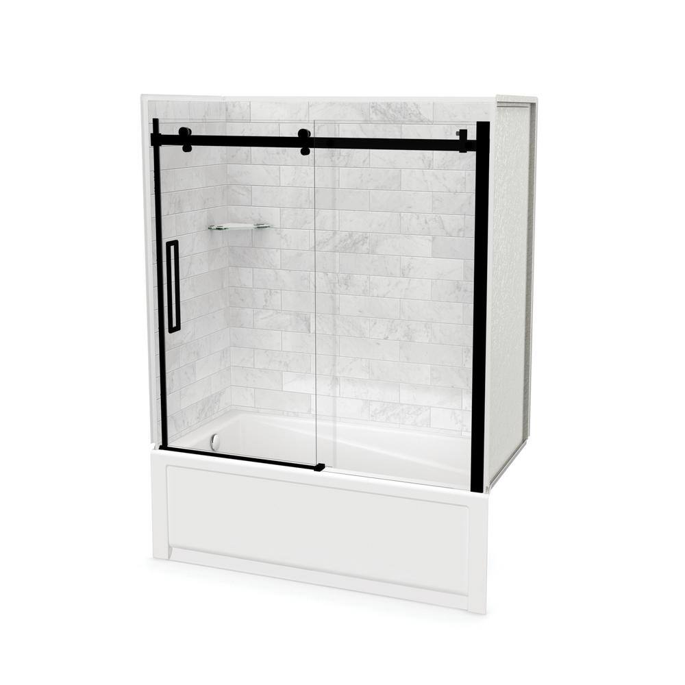 MAAX Utile 32 in. x 60 in. x 81 in. Bath and Shower Combo in Marble Carrara with New Town Left Drain Halo Door Matte Black 106911-307-508-103