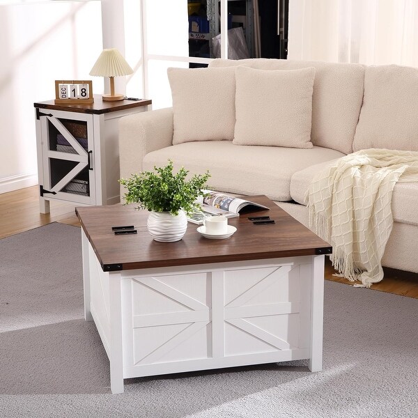 Farmhouse Square Coffee Table，Wood Center Table with Large Hidden Storage Compartment