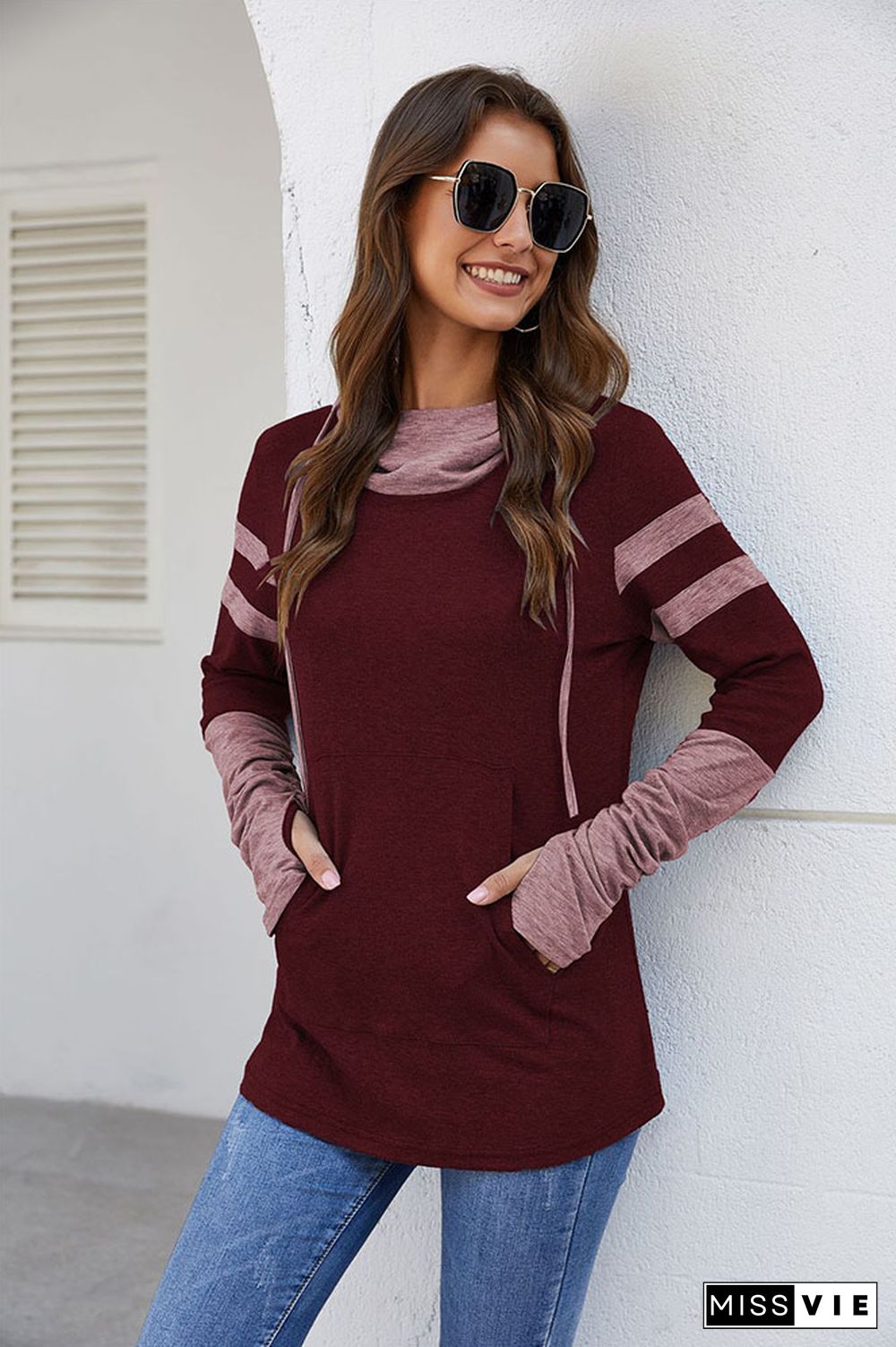 Wine Red Drawstring Sweatshirt with Thumb Hole