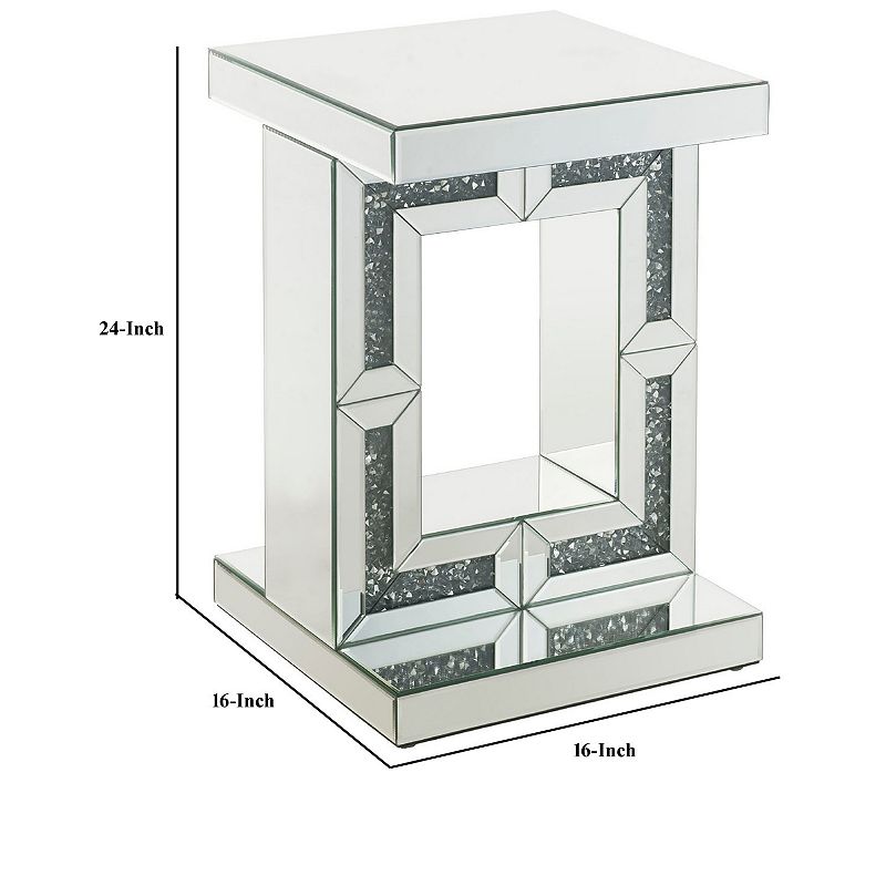 Accent Table with Open Geometric Base and Acrylic Diamond Inlay， Silver