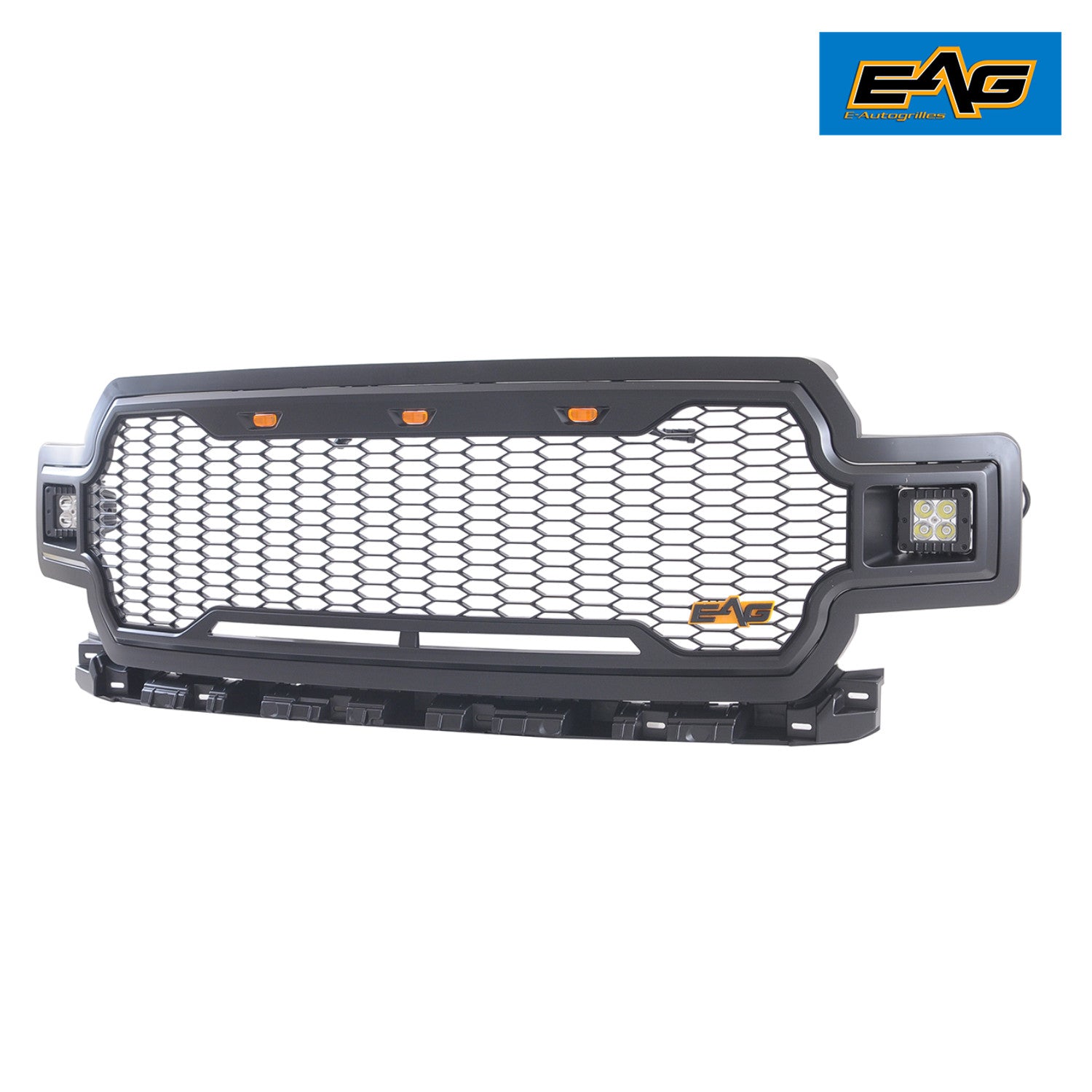 EAG Replacement Upper Grille ABS Front Mesh Grill Fit for 18-19 Ford F150 - Matte Black - with Three Amber LED Lights and Two 12W Square LED Lights