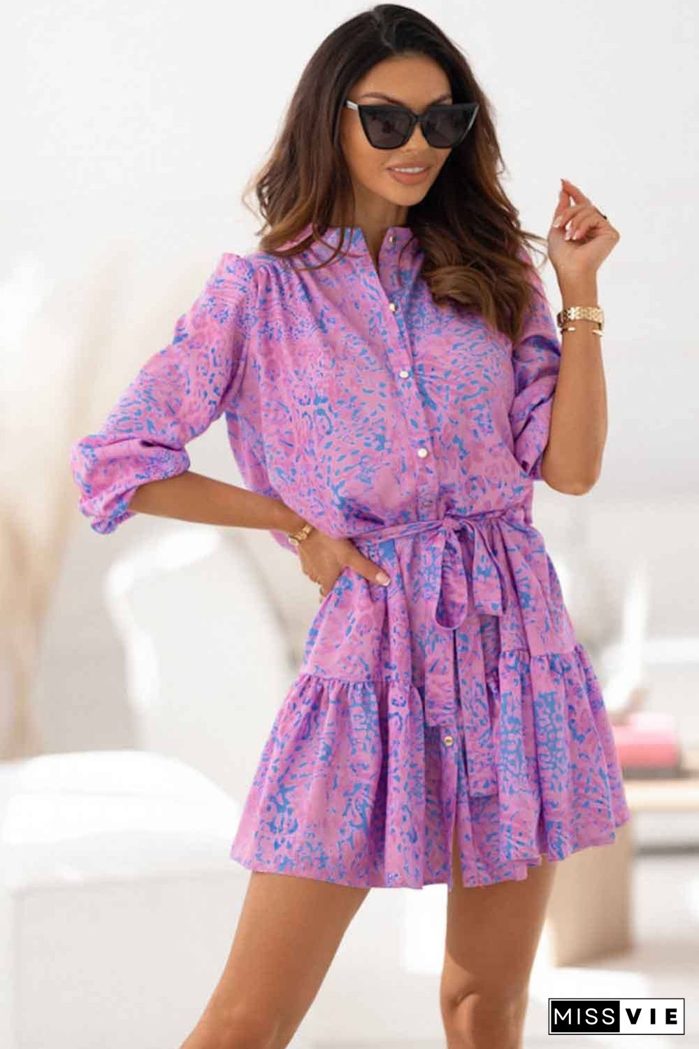 Purple Leopard Print Long Sleeve Shirt Dress