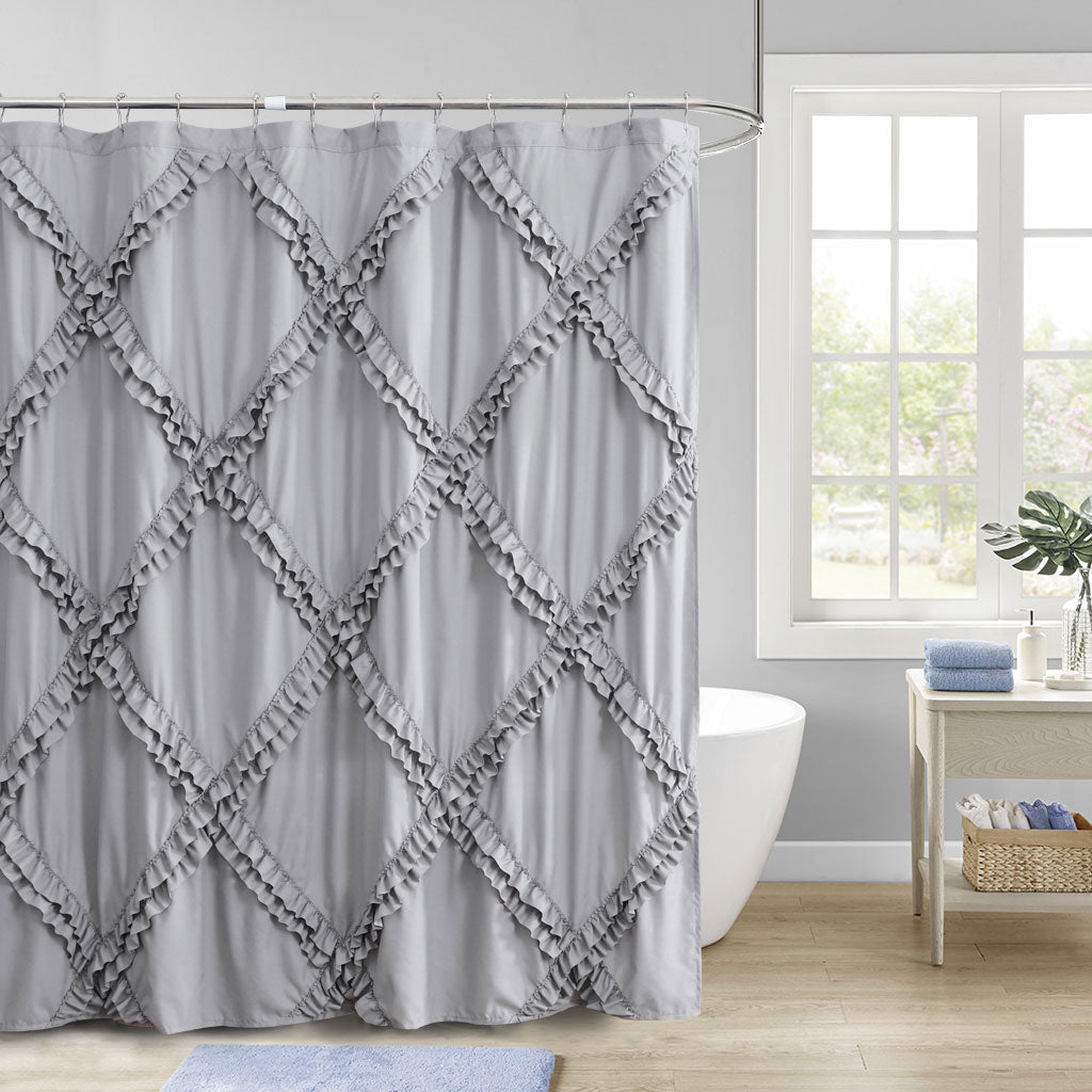 HIG Luxurious Farmhouse Unique Ruffle Cloth Fabric Shower Curtain 72x72 Extra Long Bathroom Curtain