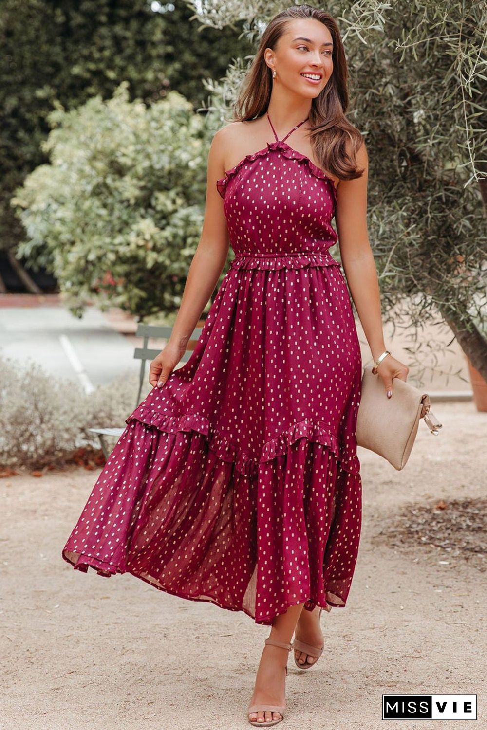 Red Polka Dot Print Ruffled Halter Neck Backless Long Dress