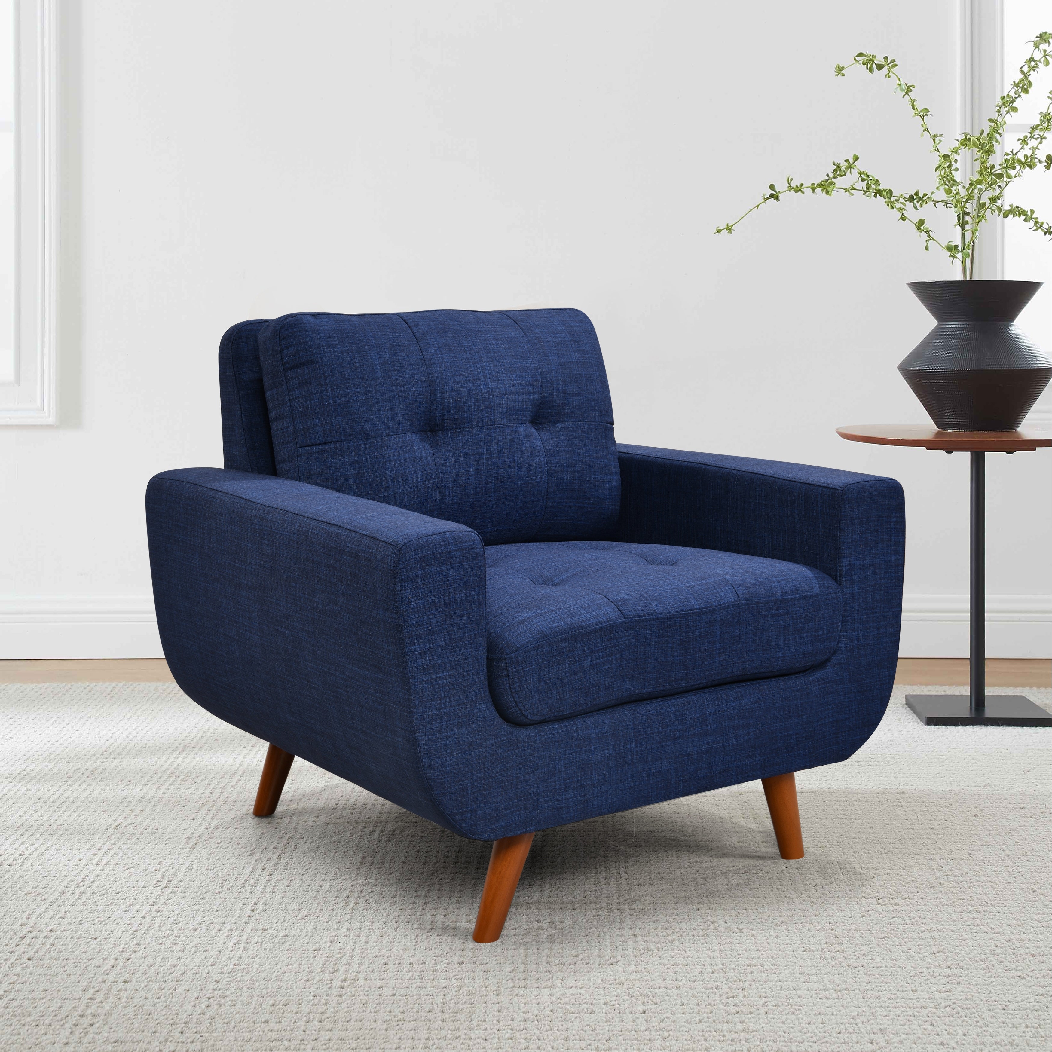 41 Linen Fabric Accent Chair， Modern Armchair Button Tufted Upholstered Accent Sofa Chairs for Living Room， Dark Blue