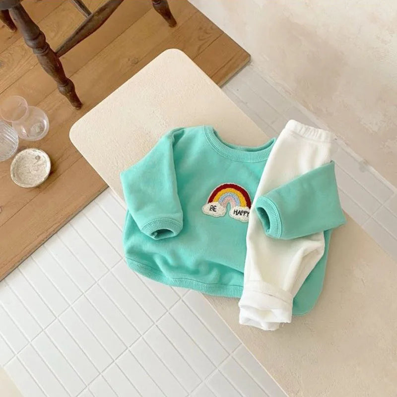 MILANCEL 2pcs Autumn New Children Baby Hoodie Set Toddler Rainbow Fleece Padded Tops + Pants Infant Outwear Clothing