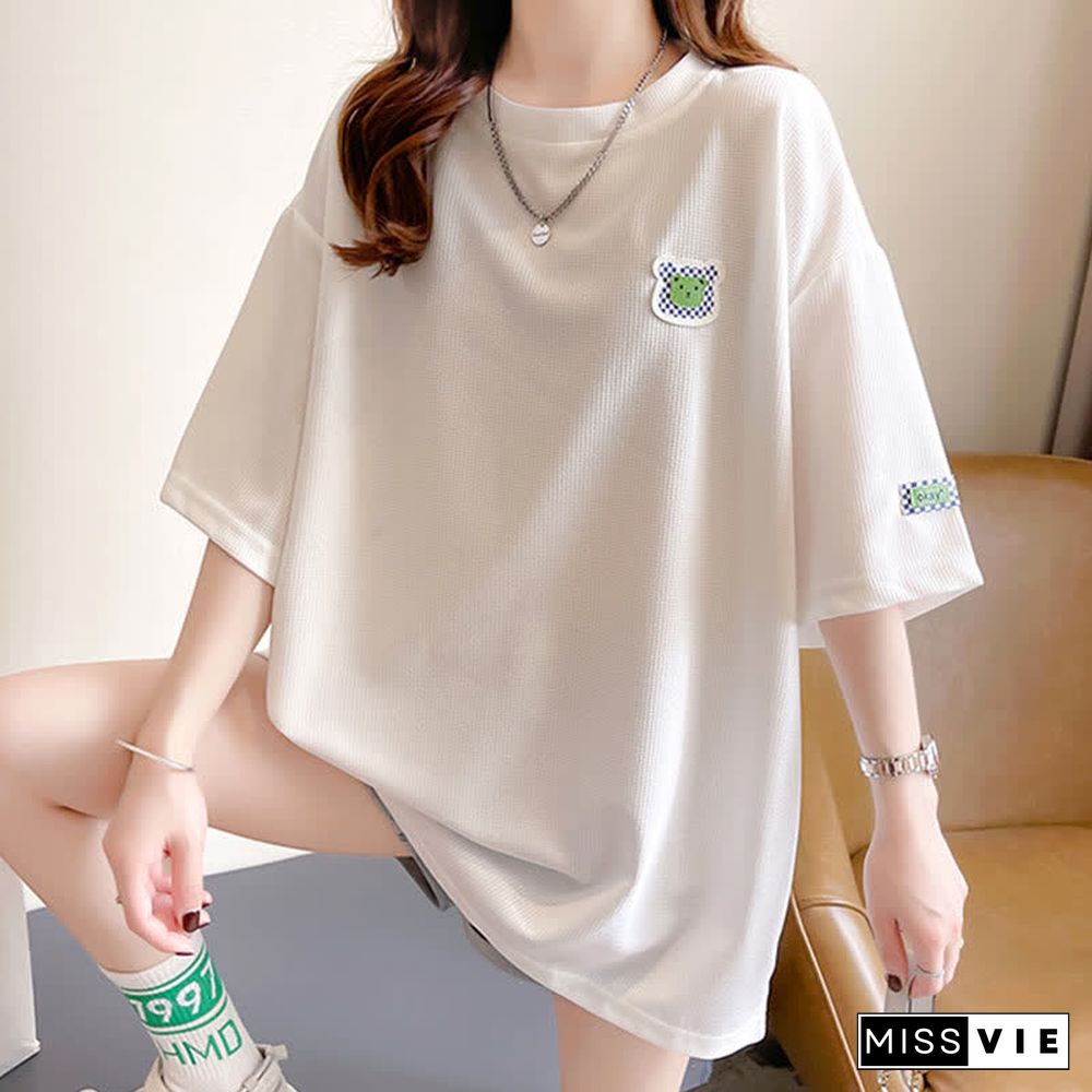 Loose Bear Embroidery Waffle Round Collar T-Shirt