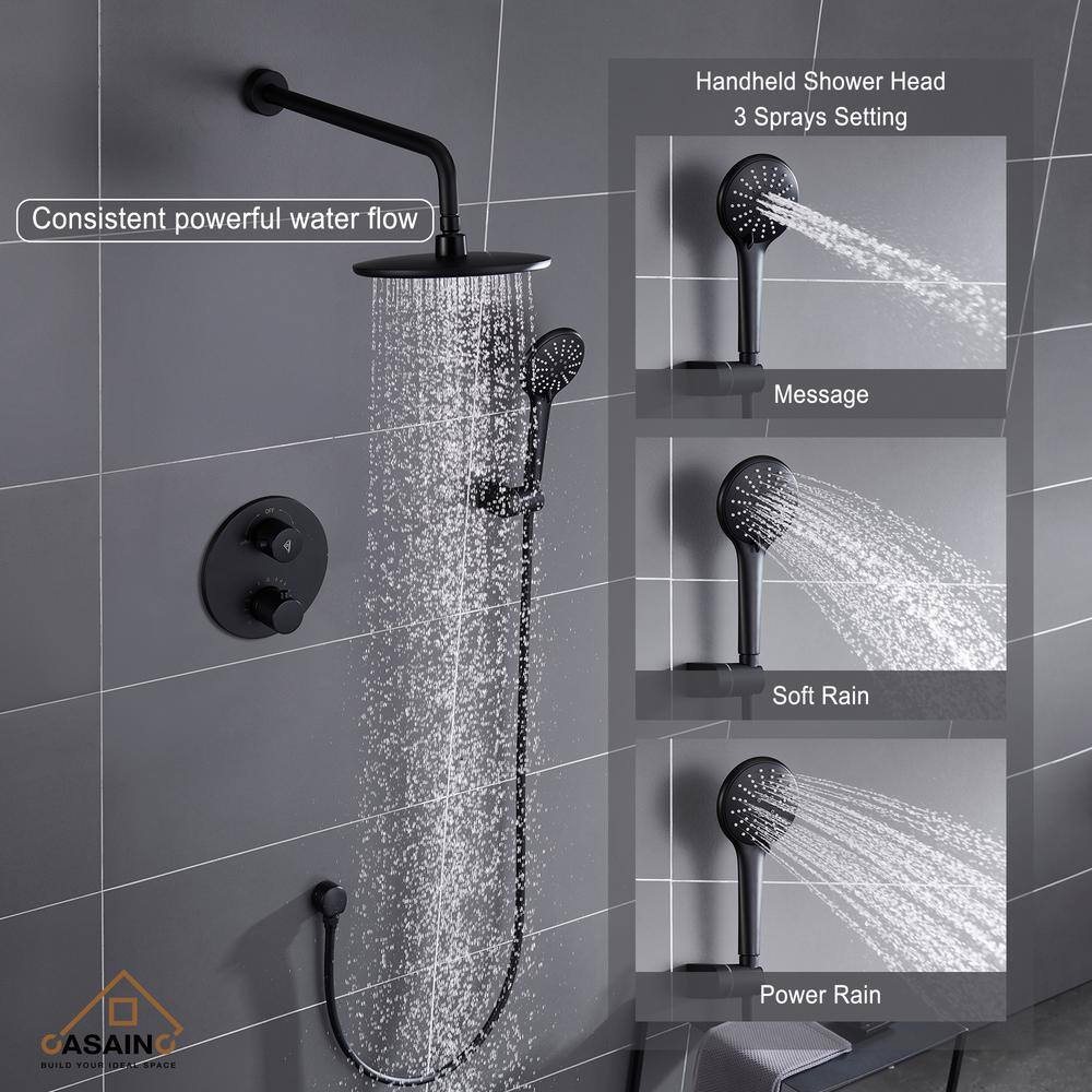 CASAINC 3-Spray Patterns 9 in. Wall Mount Dual Shower Heads Matte Black (Thermostatic Valve Included) HM-T206-RO-MB