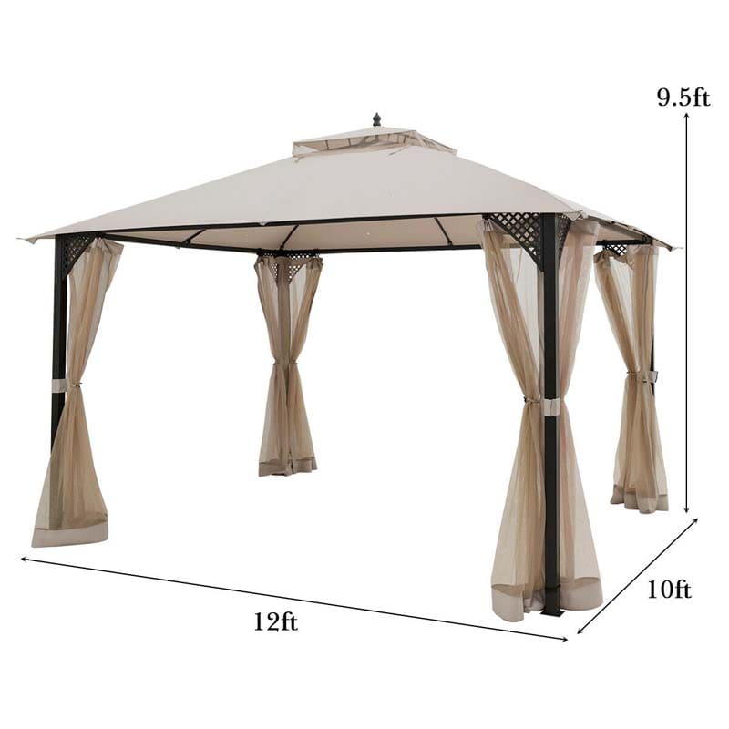 12 x 10 FT Patio Metal Gazebo with Netting & 2 Tier Roof, Heavy Duty Outdoor Canopy Gazebo Tent for Party