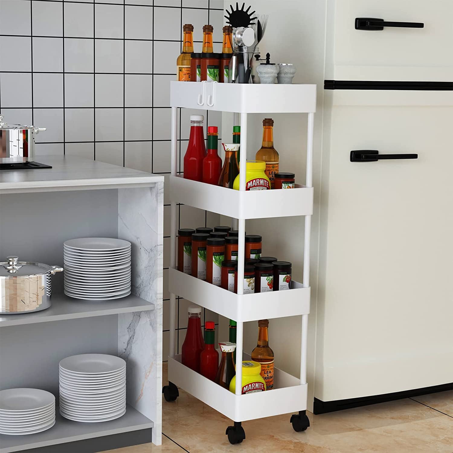 Rolling Cart， GAITON 4 Tiers Laundry Room Organizer and Storage Cart with Wheels， White