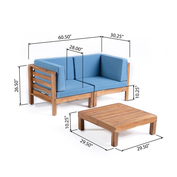 Oana Outdoor 2Seater Acacia Wood Sectional Loveseat and Coffee Table Set with Cushions by Christopher Knight Home