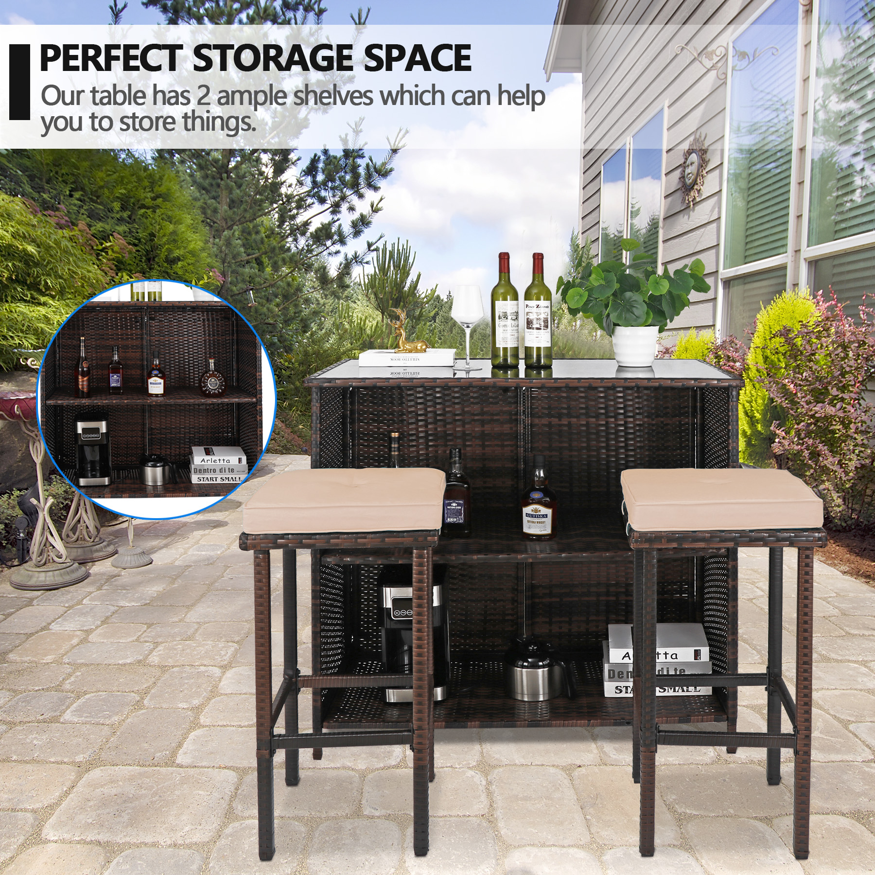 Outdoor Bar Furniture， 3 Piece Patio Bar Set， Brown Rattan Bar with Storage， 2 Brown Stool Cushions